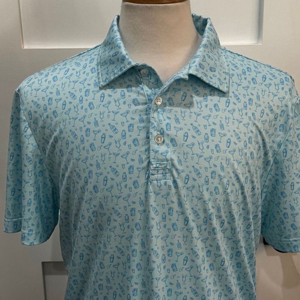 Bermies Performance Polo Shirt.. Drinks Theme. Aqua Green. Size Medium.